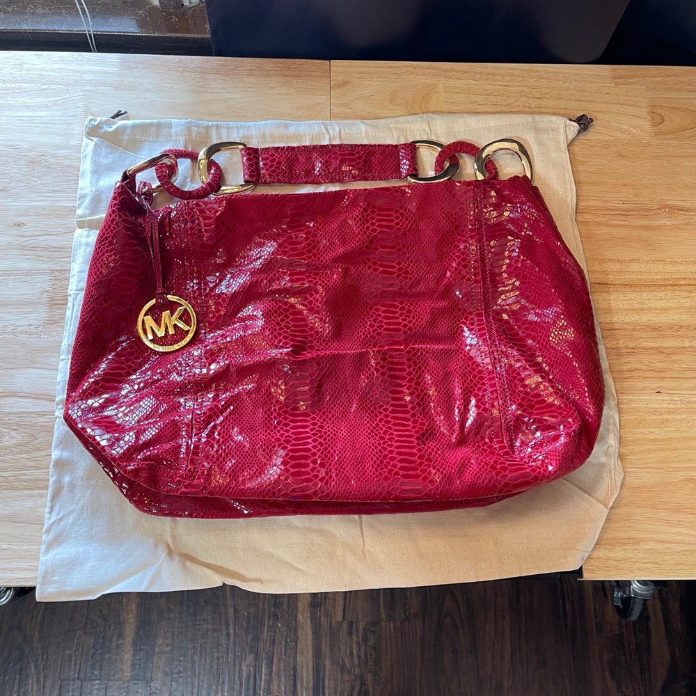 NEW Michael Kors Red Snakeskin Leather Overside ID Chain XL Shoulder Bag